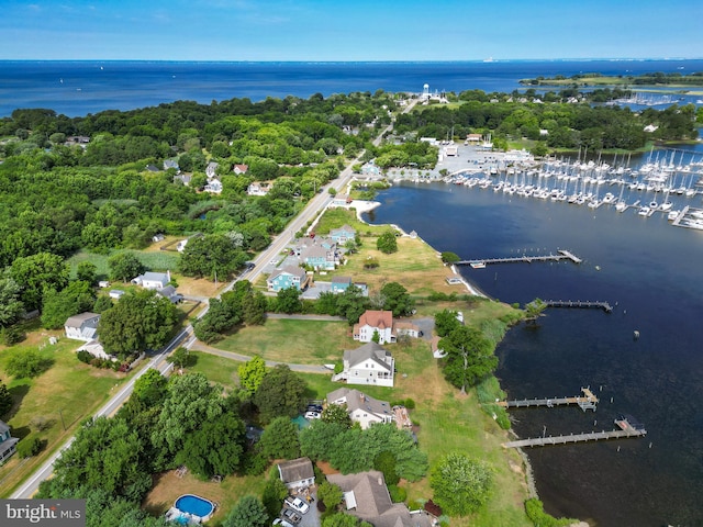 aerial view featuring a water view