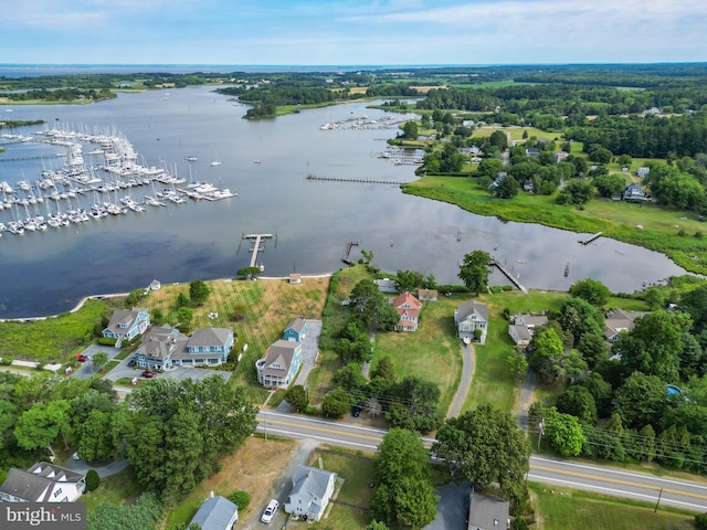 drone / aerial view featuring a water view