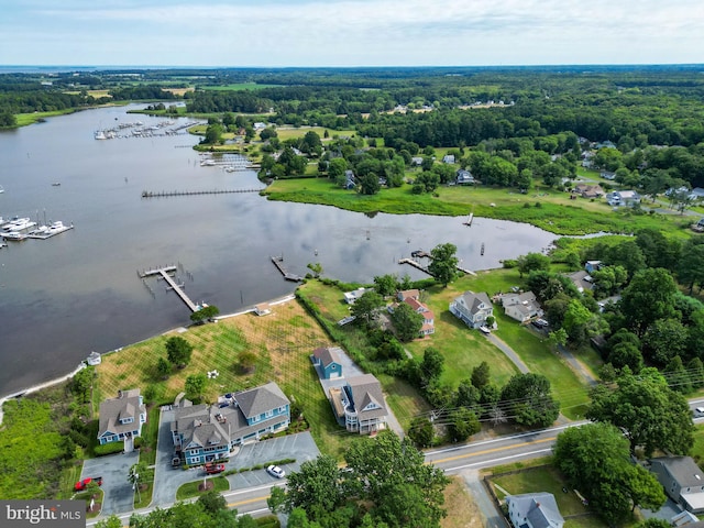 drone / aerial view featuring a water view