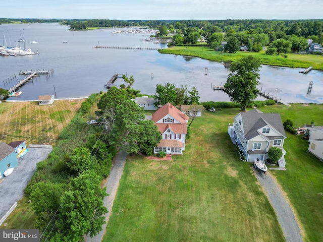 drone / aerial view featuring a water view