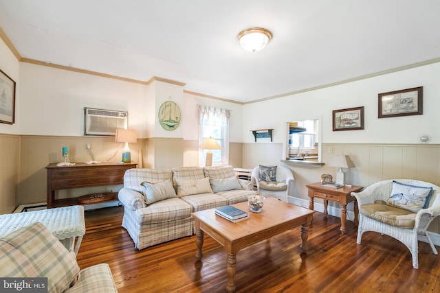 living room featuring a baseboard radiator, dark wood-type flooring, a wall mounted air conditioner, and ornamental molding