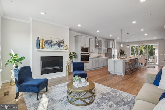 living room featuring crown molding, light hardwood / wood-style flooring, and sink