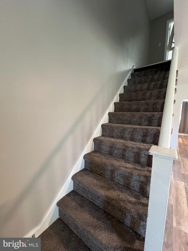 staircase with hardwood / wood-style flooring