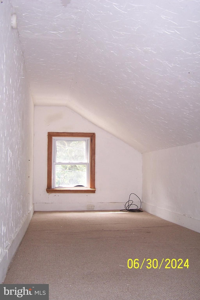 additional living space featuring a textured ceiling, carpet floors, and lofted ceiling