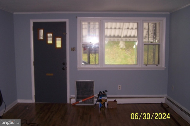 entrance foyer featuring ornamental molding and dark wood-type flooring