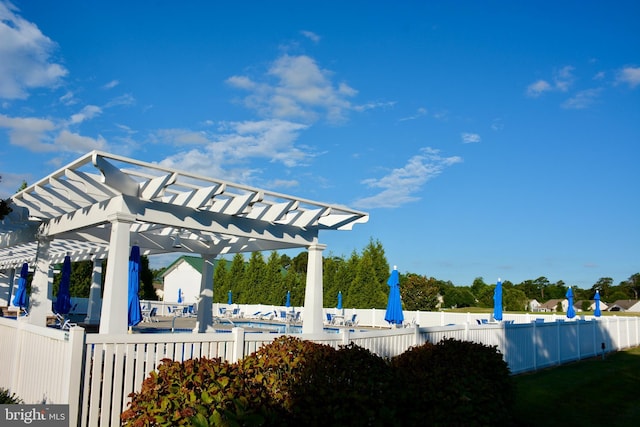 surrounding community with a pool and a pergola