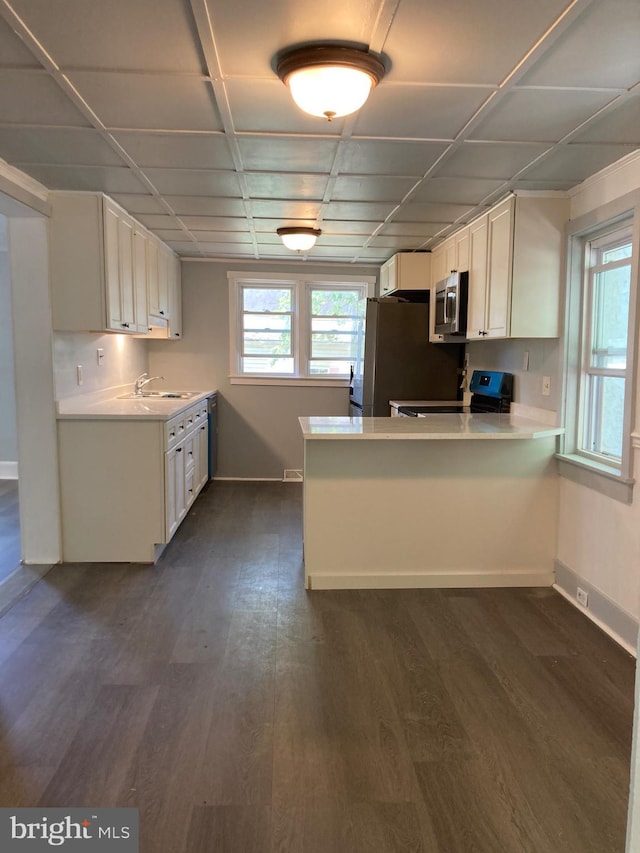 kitchen with dark wood-type flooring, sink, kitchen peninsula, appliances with stainless steel finishes, and white cabinetry