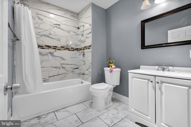 full bathroom with vanity, shower / tub combo, and toilet