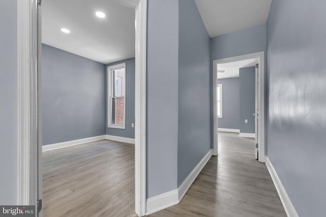 hall featuring a healthy amount of sunlight and light hardwood / wood-style flooring