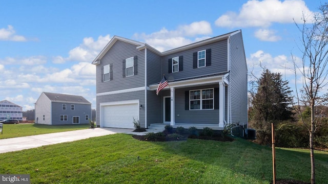 view of front property with a garage, central air condition unit, and a front yard