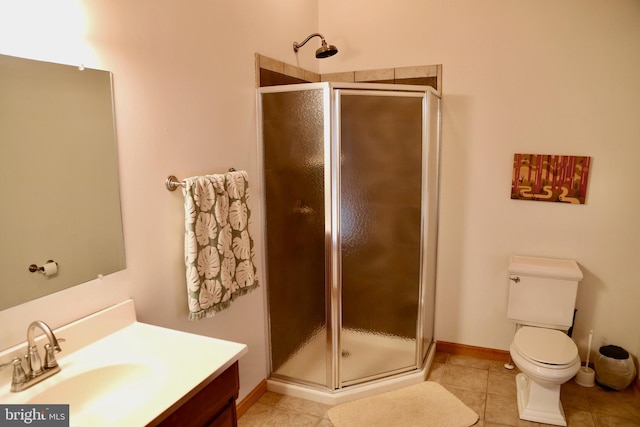 bathroom featuring toilet, vanity, tile patterned floors, and walk in shower