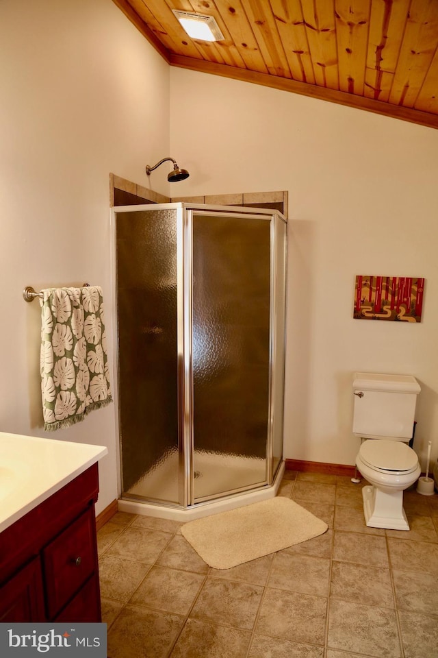 bathroom featuring lofted ceiling, walk in shower, and wood ceiling