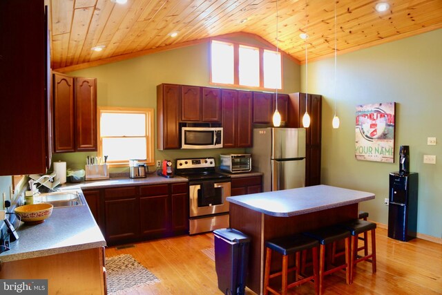 kitchen with sink, hanging light fixtures, wooden ceiling, stainless steel appliances, and vaulted ceiling