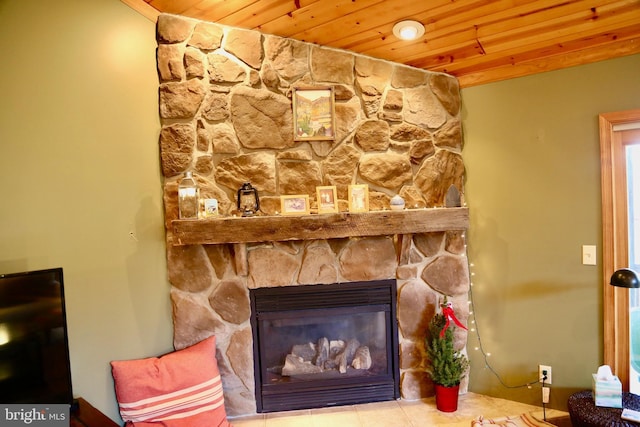 interior details featuring a fireplace and wood ceiling