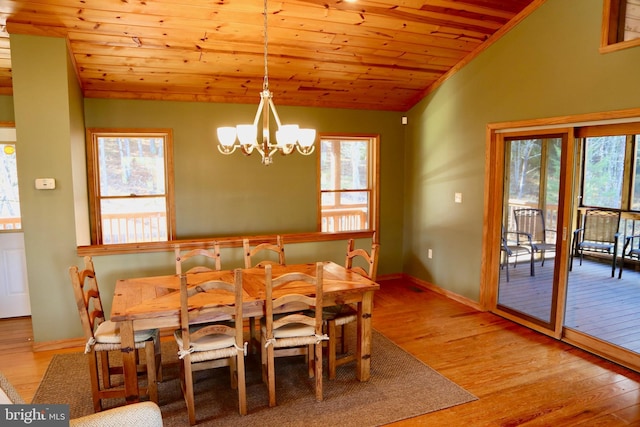 dining space with wood ceiling, light hardwood / wood-style floors, vaulted ceiling, and an inviting chandelier