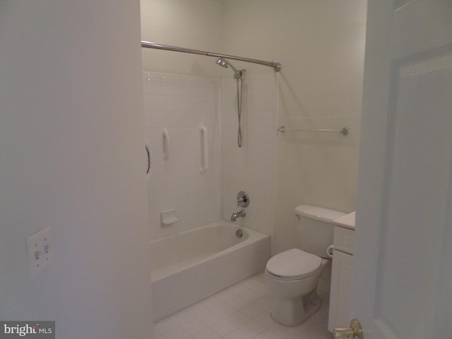 full bathroom with shower / tub combination, vanity, tile patterned flooring, and toilet