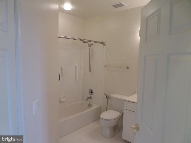 full bathroom featuring bathing tub / shower combination, vanity, toilet, and tile patterned floors