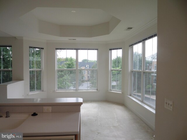 unfurnished sunroom with a tray ceiling