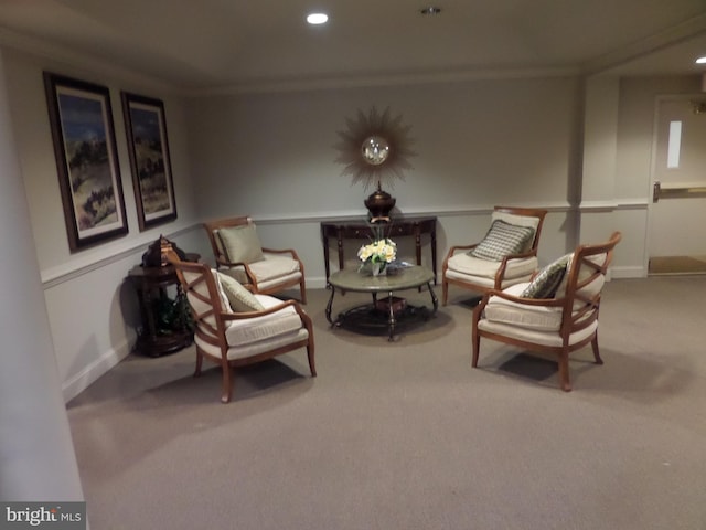 living area featuring carpet floors and crown molding