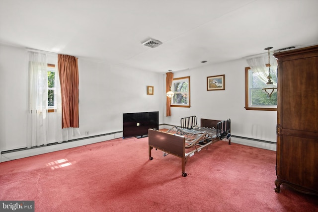 living room with carpet and a baseboard radiator