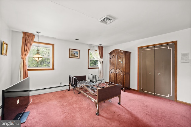 rec room featuring carpet flooring and a baseboard radiator