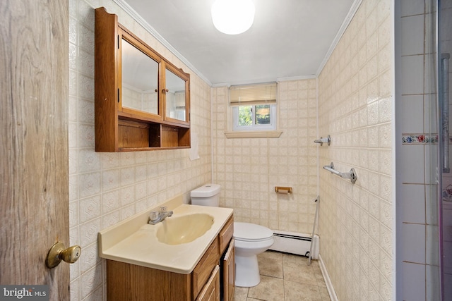 bathroom featuring tile patterned floors, ornamental molding, vanity, a baseboard radiator, and toilet