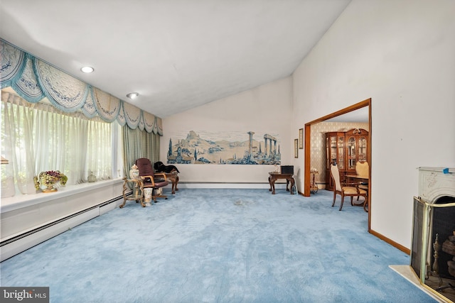 living area with carpet and lofted ceiling