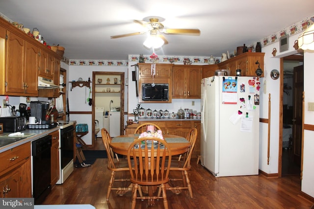 kitchen with ceiling fan, black appliances, and dark hardwood / wood-style floors