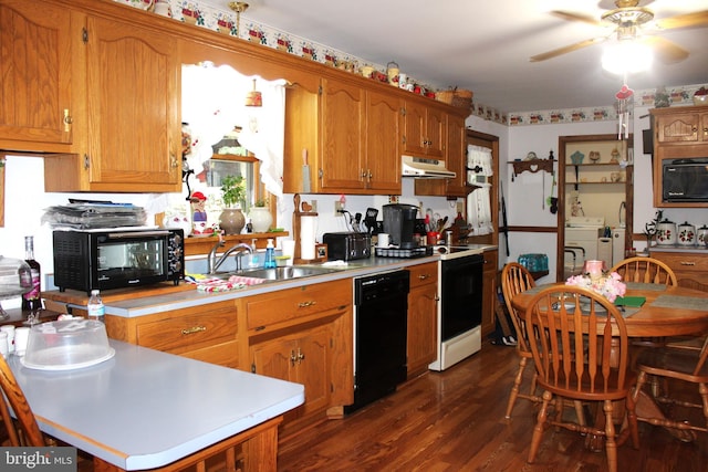 kitchen with ceiling fan, sink, dark hardwood / wood-style flooring, washer / clothes dryer, and black appliances