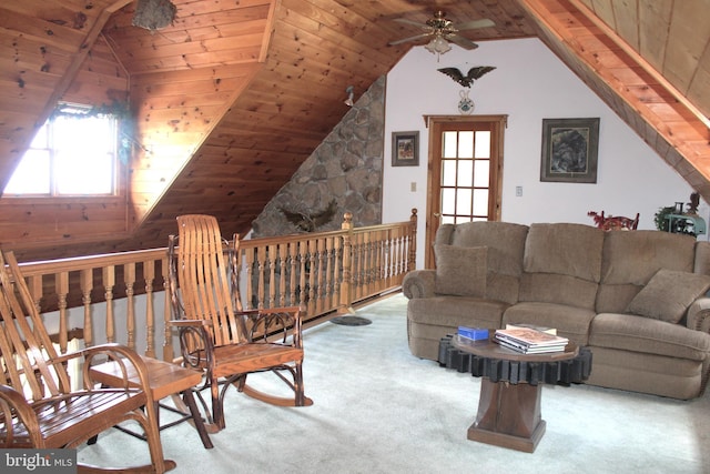 carpeted living room with lofted ceiling, wooden ceiling, ceiling fan, and a healthy amount of sunlight