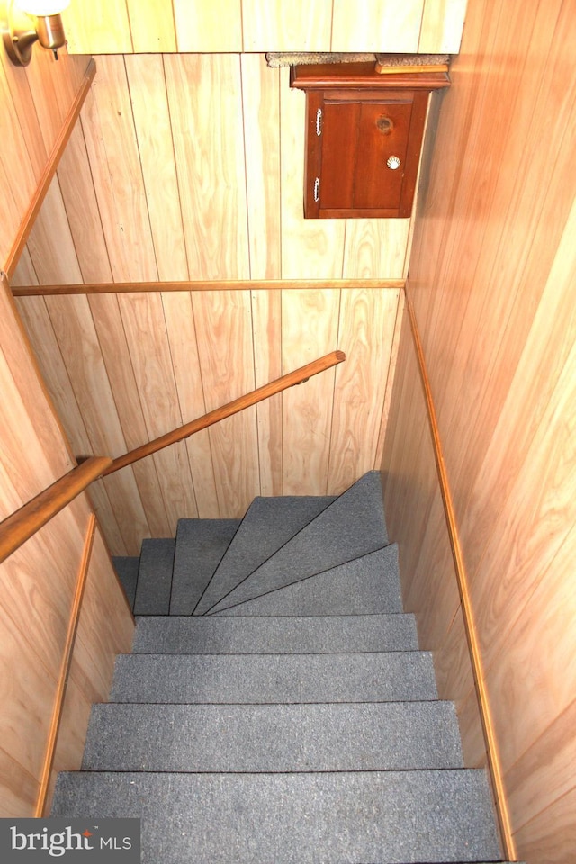 stairway featuring wood walls