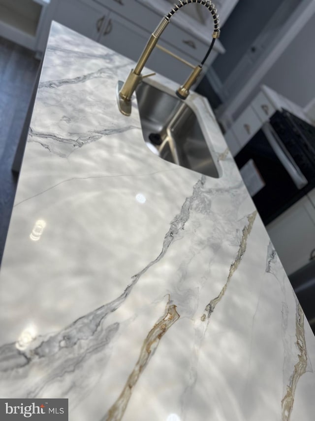 room details with light stone countertops and sink