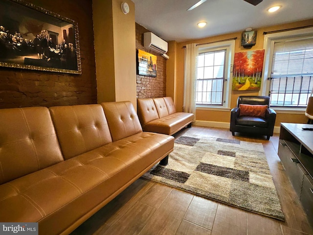 interior space featuring a wall mounted AC and hardwood / wood-style flooring