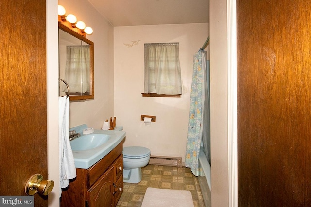 full bathroom with toilet, vanity, shower / bath combo with shower curtain, tile patterned floors, and baseboard heating