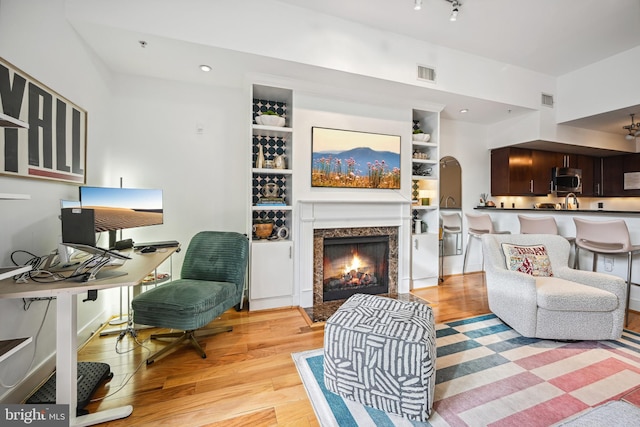 living room with a premium fireplace, light hardwood / wood-style flooring, and track lighting