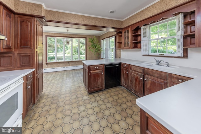 kitchen featuring dishwasher, ornamental molding, a baseboard radiator, decorative light fixtures, and a chandelier