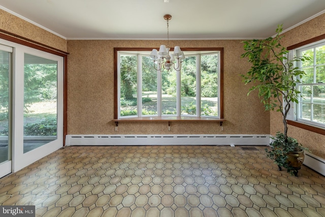 unfurnished dining area featuring a chandelier, a baseboard heating unit, and crown molding