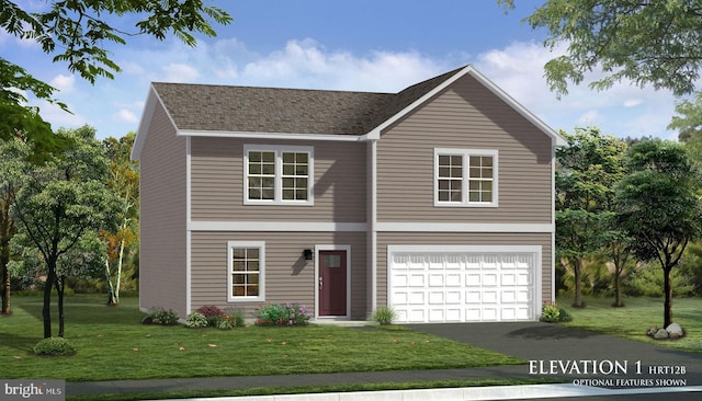 view of front of house featuring a garage and a front lawn