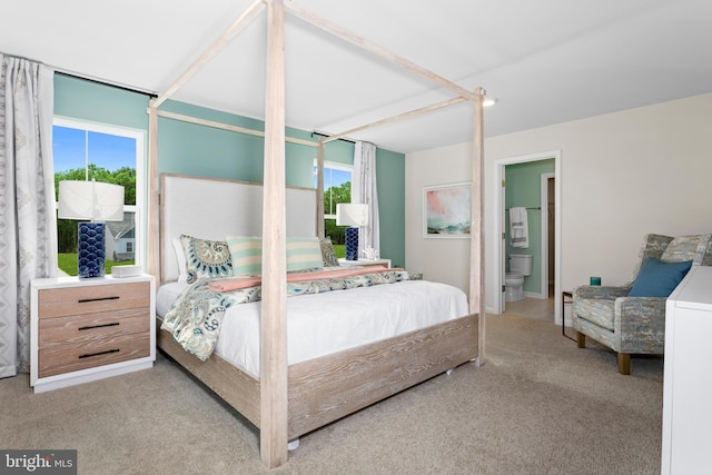 carpeted bedroom with ensuite bathroom and multiple windows