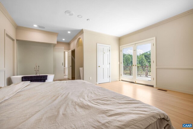 14186 Devils Three Jump Rd, Milford, VA 22514 - bedroom featuring access to outside, ornamental molding, and light wood-type flooring