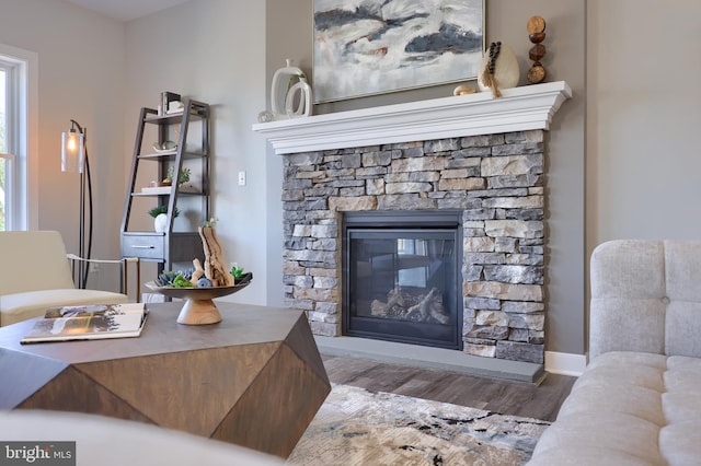 living room with hardwood / wood-style flooring and a stone fireplace