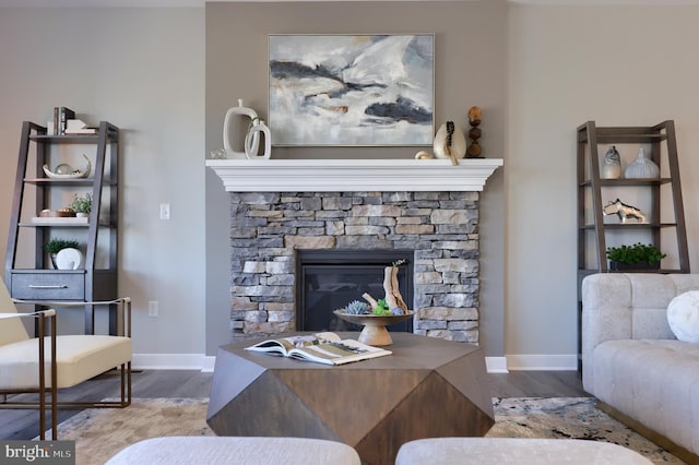 living room featuring hardwood / wood-style flooring and a fireplace