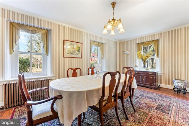 dining space with ornamental molding, hardwood / wood-style floors, radiator heating unit, and a chandelier