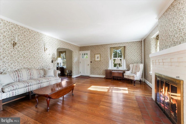 living room with radiator, hardwood / wood-style floors, ornamental molding, and a fireplace