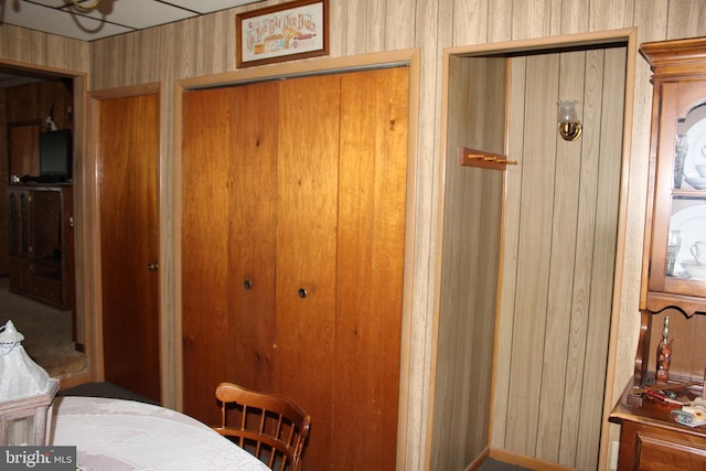 bedroom featuring wooden walls and two closets