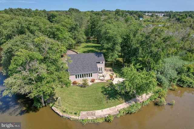 drone / aerial view featuring a water view