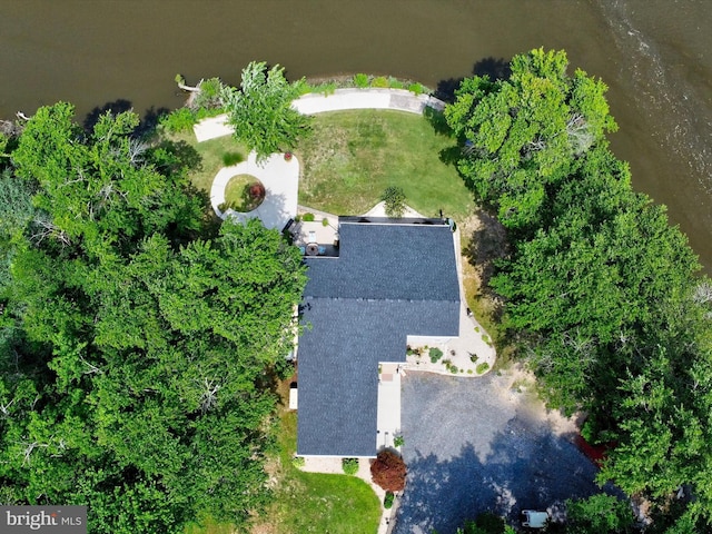 drone / aerial view with a water view