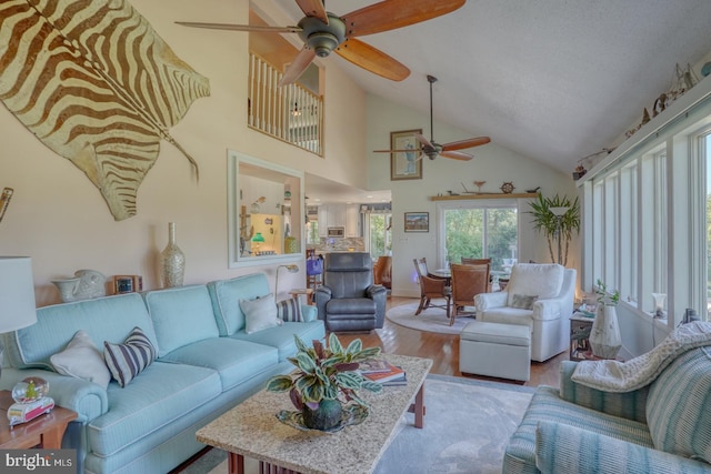 living room with vaulted ceiling, a textured ceiling, and light hardwood / wood-style flooring