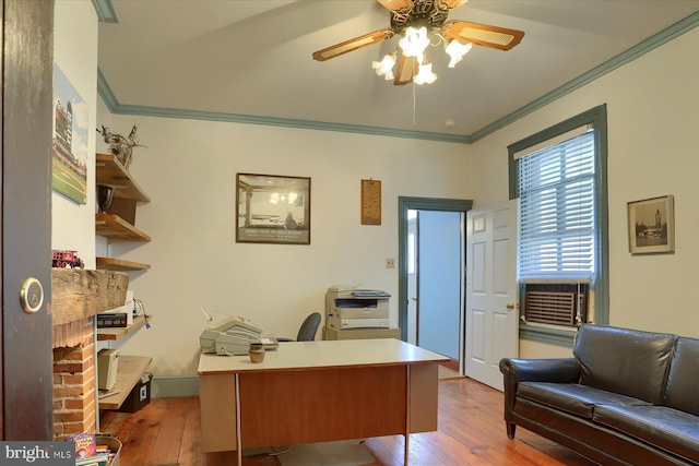 home office featuring ceiling fan, cooling unit, wood-type flooring, and ornamental molding