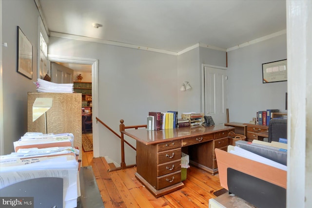 office space featuring light wood-type flooring and crown molding